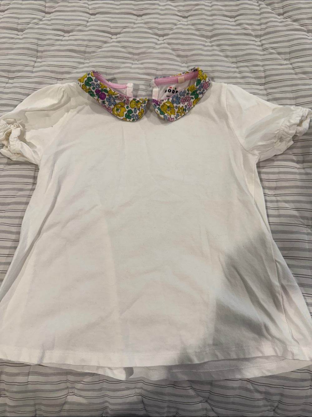 Mini Boden White Tee with Floral Peter Pan Collar in Yellow, Green & Pink